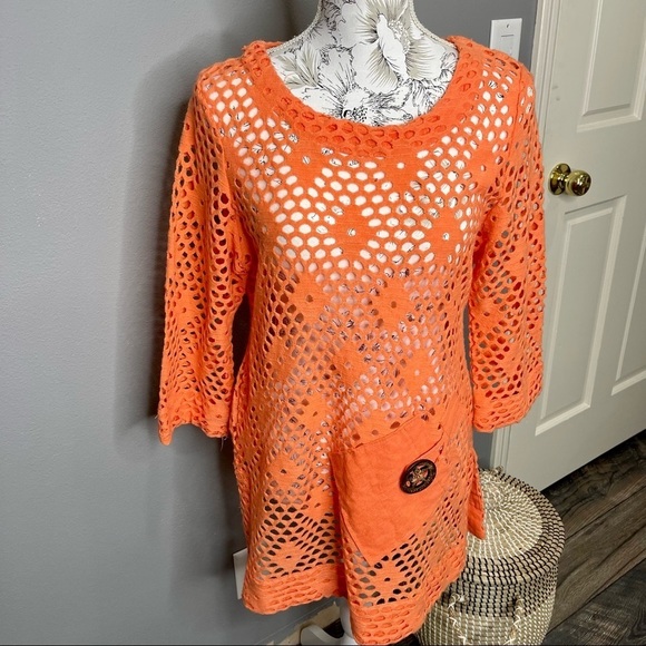 Mirror Image Neon Orange Artsy Sheer Perforated 3/4 Sleeve Size Medium Top - Picture 1 of 4